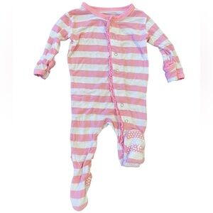 KicKee Pants white and pink stripe button up pajamas with mittens 0-3 months